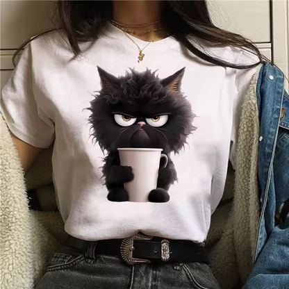 WhiskerWave™ Casual Cat Print Crew Neck T-Shirt