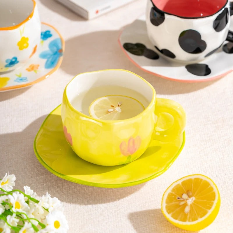 BlossomBrew Floral & Cloud-Inspired Ceramic Espresso Cup & Saucer Set