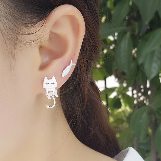 Cat & Fish 925 Sterling Silver Stud Earrings