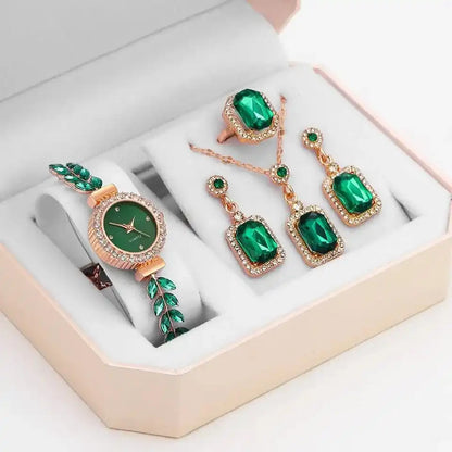 Regale™ Crystal -Accented Emerald Watch & Jewelry Ensemble