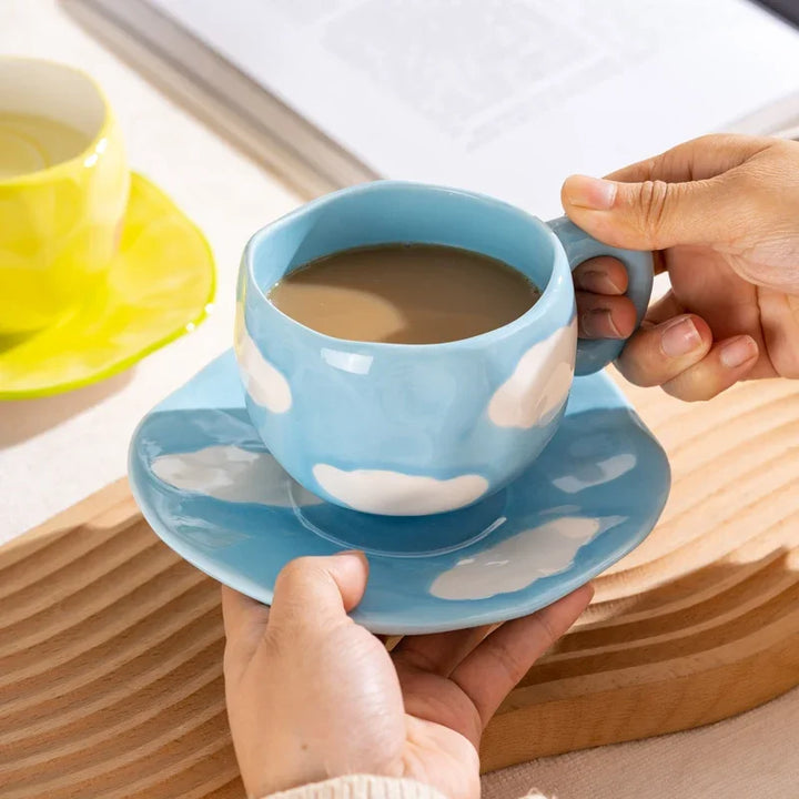 BlossomBrew Floral & Cloud-Inspired Ceramic Espresso Cup & Saucer Set