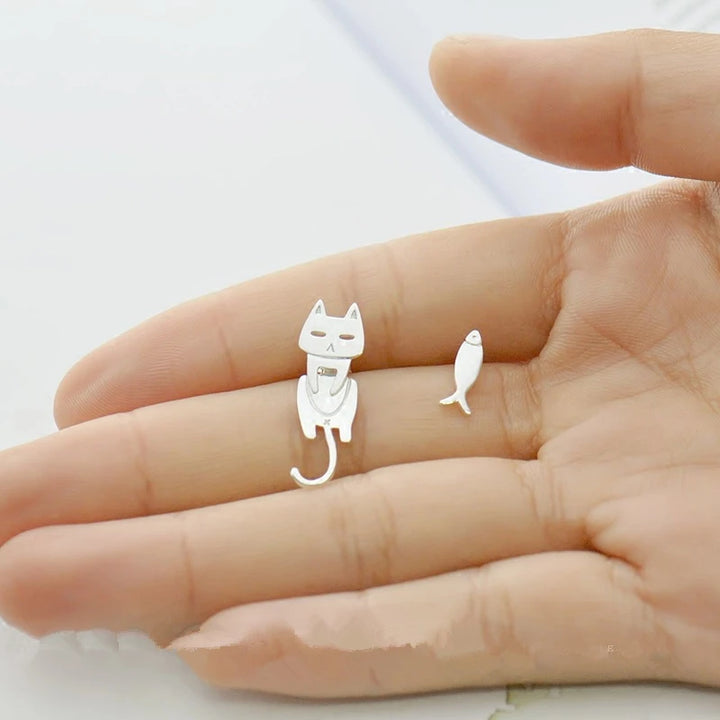 Cat & Fish 925 Sterling Silver Stud Earrings