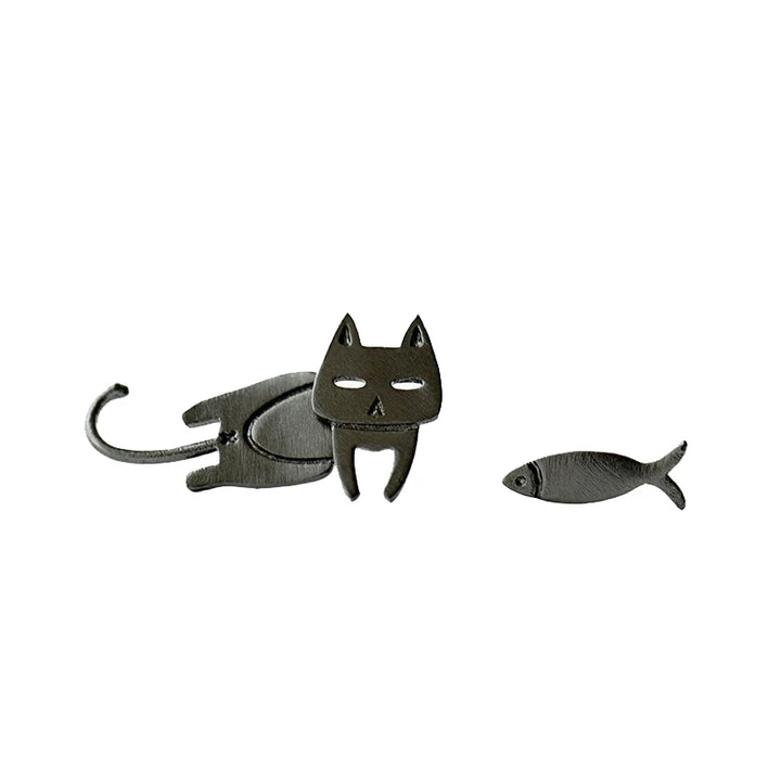 Cat & Fish 925 Sterling Silver Stud Earrings