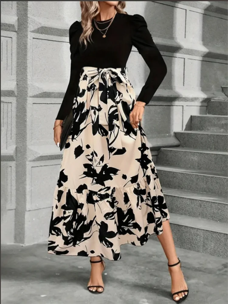 Blakette Black & Beige Long Sleeve Dress