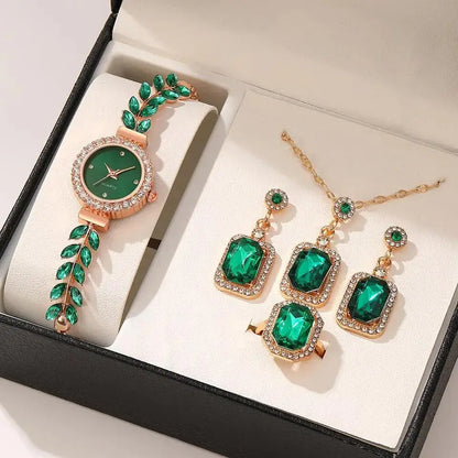Regale™ Crystal -Accented Emerald Watch & Jewelry Ensemble